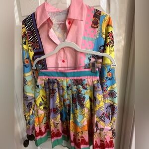 Pleated Mini Skirt, Long Sleeve Buttons Party 2 Piece Set